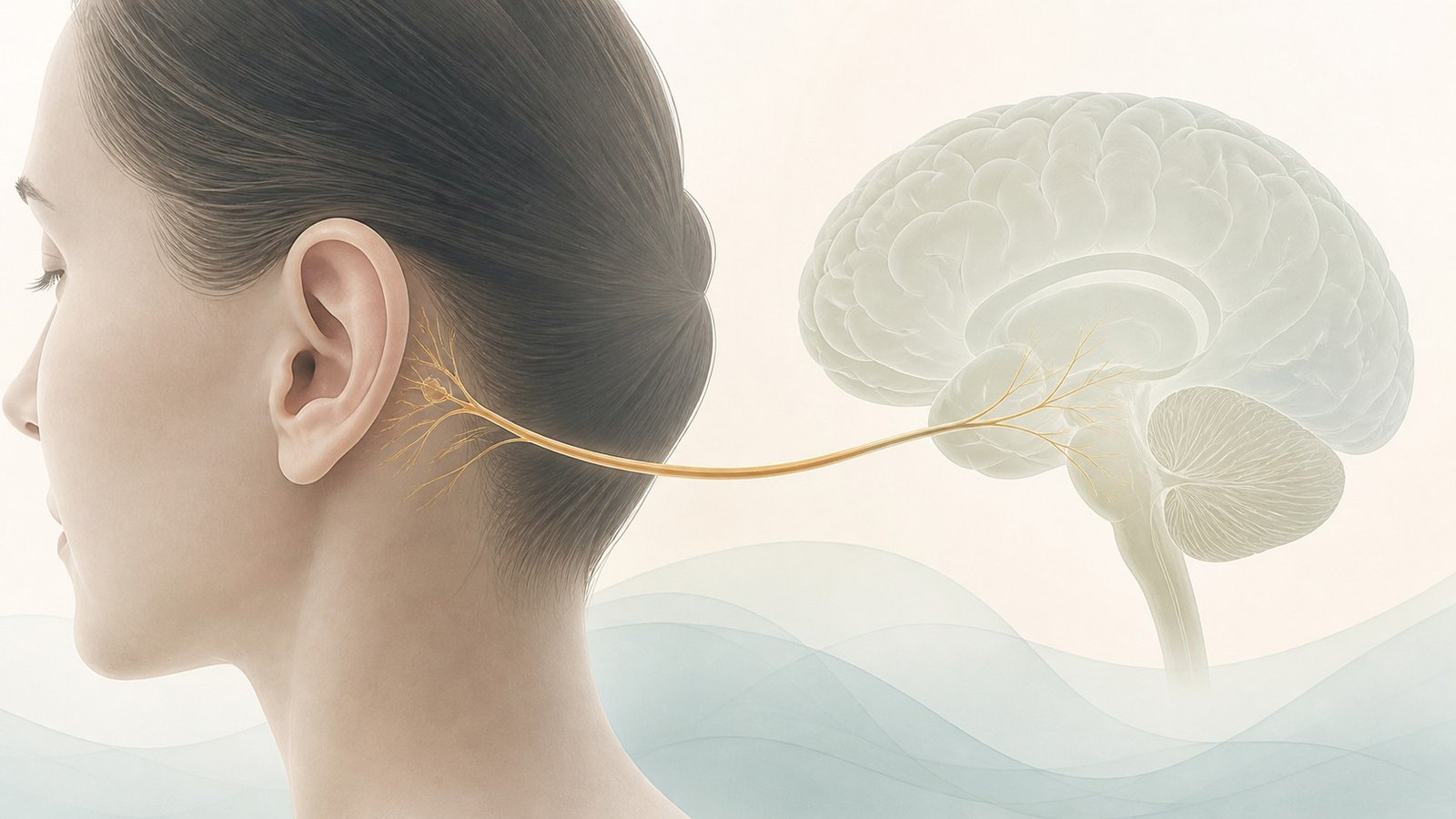 Editorial illustration of an ear-to-brain nerve pathway