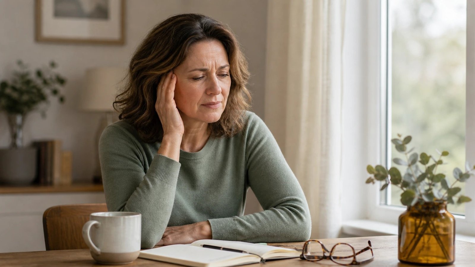 Woman experiencing tinnitus symptoms, holding her head in discomfort at her desk